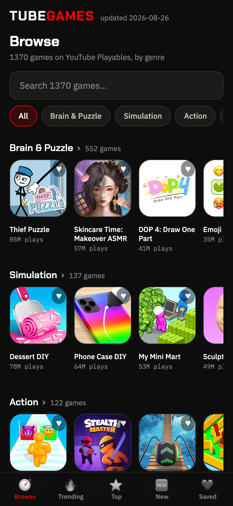 TubeGames app — Browse all games